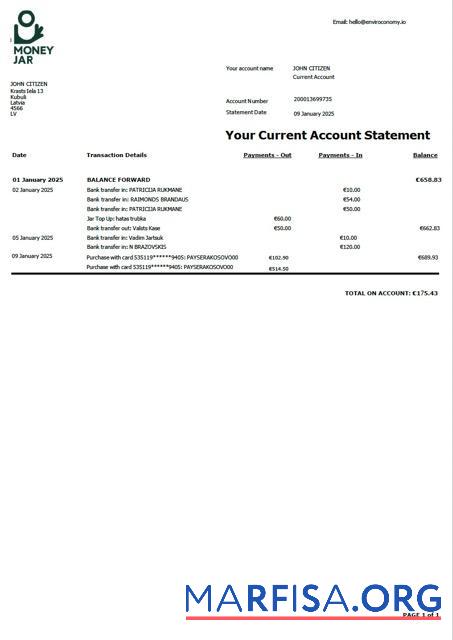 Blank Latvia Money Jar account statement word download for verification